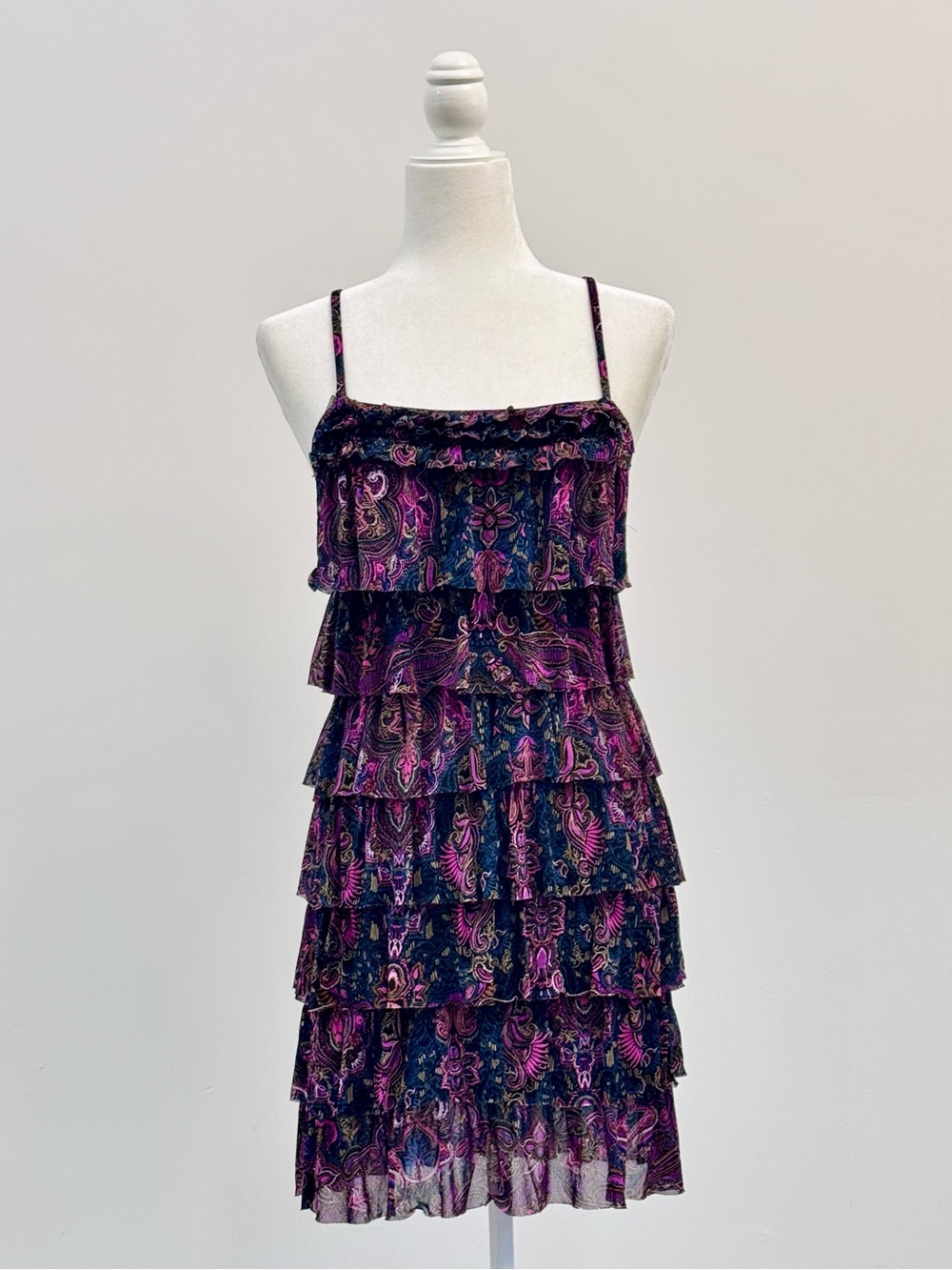 Express Purple Paisley Tiered Ruffle Mini Dress